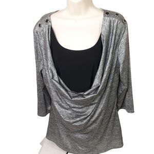 Rachel Rachel Top Womens Size 2X Gray Cascading Front 3/4 Sleeve Pullover